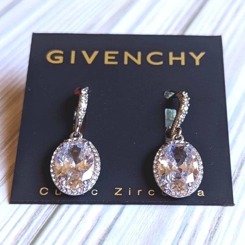 Givenchy Oval Silver Tone Cubic Zirconia Drop Jacket Earrings NWT